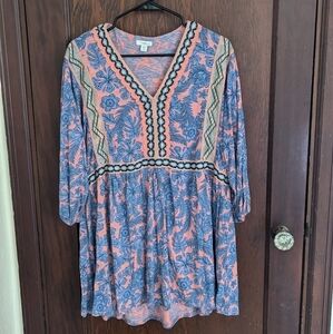 J. Jill Blue and Coral  Floral Embroidered Boho Tropical 3/4 Sleeve Blouse LP